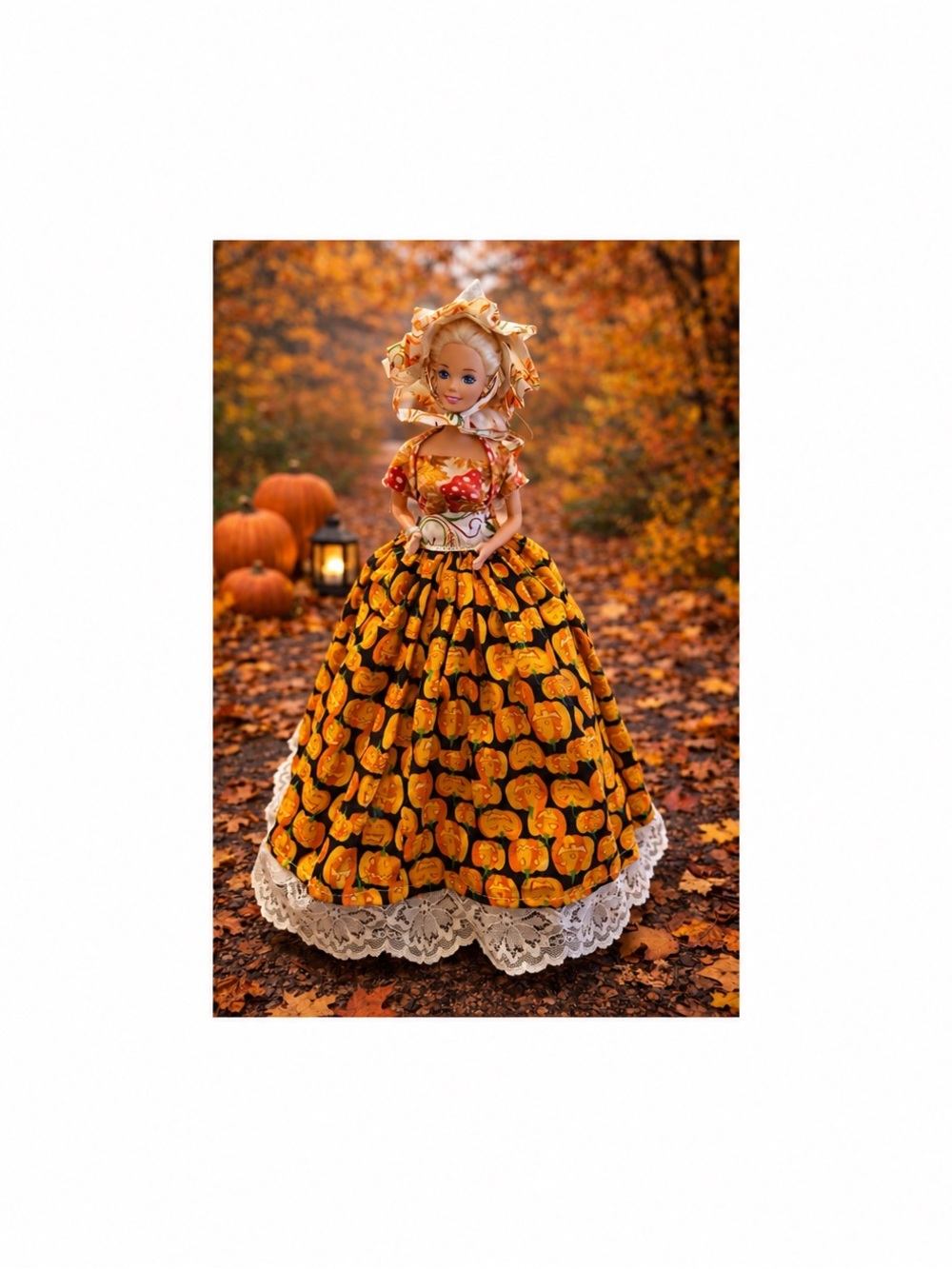 Barbie Doll Handmade Halloween Pumpkin Dress Bonnet & Stand